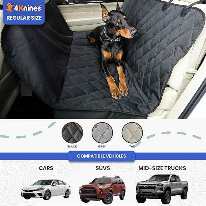 4Knines Dog Backseat Cover with Hammock for Cars, SUVs, and Trucks – Waterproof Layers, Nonslip Seat Protector, Durable Nylon Clips, K9 Shield with Heavy Duty Thread, (Regular, Grey)