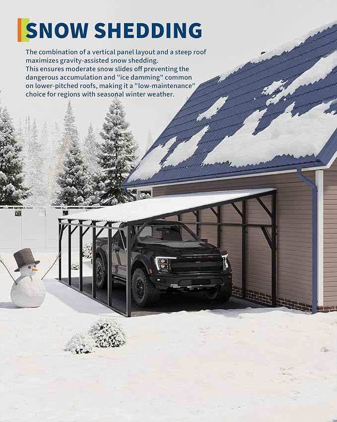 Garvee 12x25 ft Lean-to Metal Carport, Vertical Roof Wall-Mounted Car Port for Snow Shedding, Heavy-Duty 19-Ga. Steel Frame, 107" to 78" Height for Long-Bed Pickup & SUV