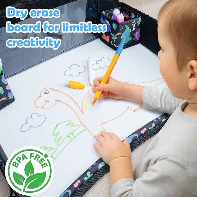 2Pcs Kids Travel Tray for Toddler Carseat, Road Trip Activities Essentials for Toddler, Kids Lap Desk Tray with Tablet Holder Stand ＆ Dry Erase Board (Dinosaur & Mermaid)