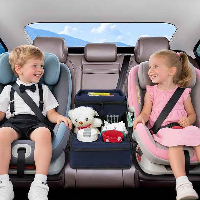 Car Seat Organizer, Backseat Car Organizer with Cup Holder Tray and Storages for Kids and Adults, Portable Travel Cooler for Car for Front or Back Seat Passenger Organizer Ccompartment (Navy Blue)