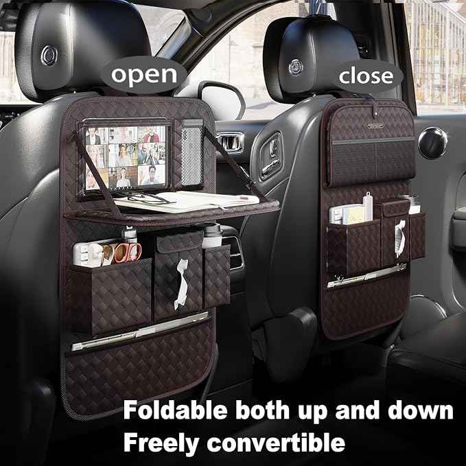 GMQ Back Seat Car Organizer 1 Pack,Backseat Organizer with Tray,Multifunctional Car Seat Back Storage Box with Foldable Tablet Holder (Coffee, Weave)