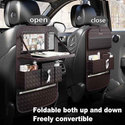 GMQ Back Seat Car Organizer 1 Pack,Backseat Organizer with Tray,Multifunctional Car Seat Back Storage Box with Foldable Tablet Holder (Coffee, Weave)