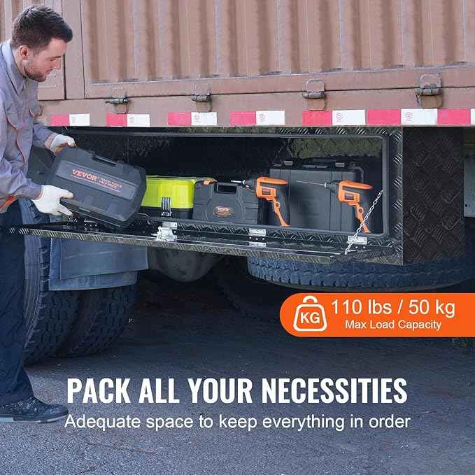 VEVOR Underbody Truck Box, 60" x 17" x 18" Pickup Storage Box, Heavy Duty Aluminum Diamond Plate Tool Box with Lock and Keys, Waterproof Trailer Storage Box with T-Handle Latch for Truck, Van, Trailer