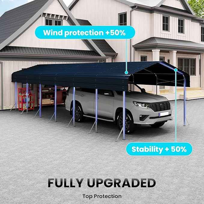 14x30ft Heavy Duty Metal Carport – Outdoor Galvanized Garage, Sturdy Structure, All-Weather Protection, Easy Assembly for Cars, Trucks, Boats, Tractors, and Outdoor Storage (Grey, 14x30FT)