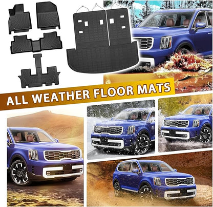 Powerty Floor Mats for 2020-2025 Kia Telluride 7/8 Passenger Car Mats Accessories, All Weather TPE Custom 2-in-1 Cargo Liner Seat Back Covers Protectors Replacement (Floor Mat + 2-in-1 Trunk Mat)