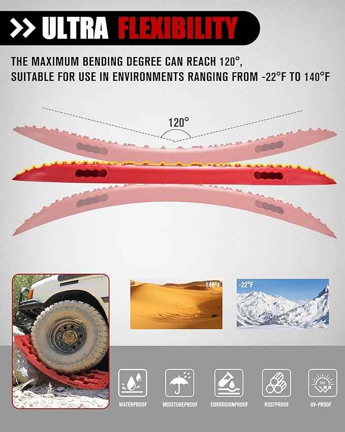 FieryRed Traction Boards Offroad, Recovery Boards with 2 Leashes and Carry Bag, 2Pcs Traction Mat Recovery Tracks for Sand Mud Snow Track Tire Ladder 4X4, Red GEN1th