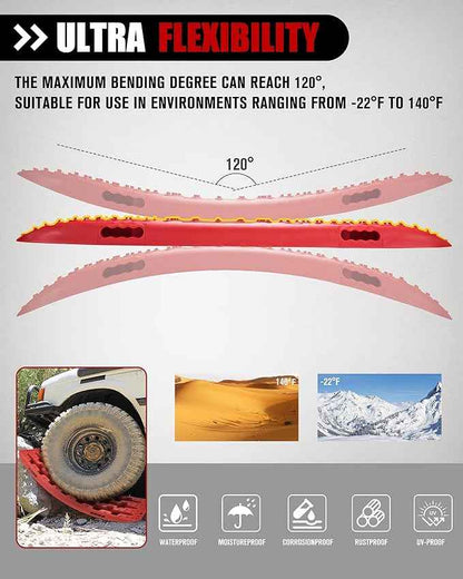 FieryRed Traction Boards Offroad, Recovery Boards with 2 Leashes and Carry Bag, 2Pcs Traction Mat Recovery Tracks for Sand Mud Snow Track Tire Ladder 4X4, Red GEN1th