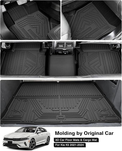 Powerty Floor Mats & Cargo Liner for 2021-2024 2025 2026 Kia K5 (Only Fit FWD Model) Accessories Floor Mats 2 Row Liner Set All Weather TPE 3D Floor Liners&Rear Cargo Mat