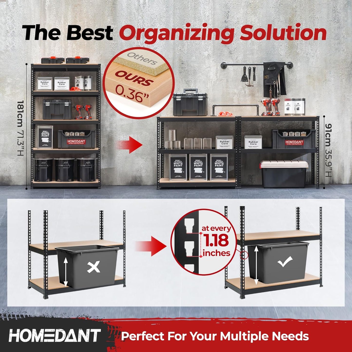 HOMEDANT 5-Tier Laminated Boltless Heavy Duty Metal Shelving Unit Adjustable Garage Storage Utility Rack Shelves Organization Multipurpose Shelf Warehouse Industrial 39.8" W x 18.2" D x 71.3" H 3Pack