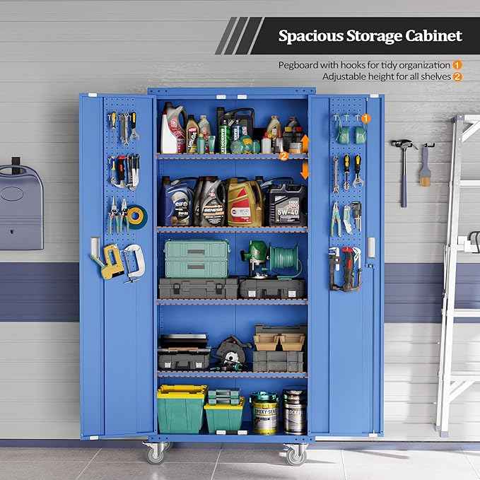 VINGLI 72'' Tall Metal Garage Storage Cabinet with Pegboards, Wheels, Locking Doors and Adjustable Shelves, File Cabinet/Tool Cabinet for Home Office/School (Blue, 32W x 16D x 72H)