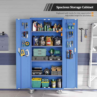 VINGLI 72'' Tall Metal Garage Storage Cabinet with Pegboards, Wheels, Locking Doors and Adjustable Shelves, File Cabinet/Tool Cabinet for Home Office/School (Blue, 32W x 16D x 72H)