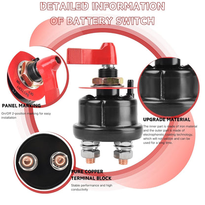 12V Battery Disconnect Switch with Panel, High Current Battery Cut Off Switch, Heavy Duty Kill Switch for Cars, Trucks, Boats, RVs, Forklifts and Heavy Equipment