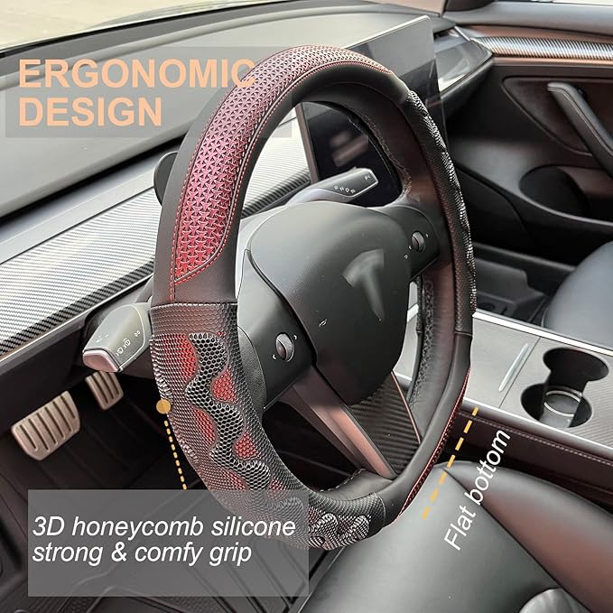PINCTROT Great Grip Steering Wheel Cover for Tesla Model Y/3 2016-2025 2026 Highland/Juniper, D Shaped 14 Inch Small Sized, Flat Bottom with 3D Honeycomb Anti-Slip Design (Great Grip Wine Red)