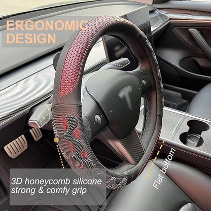 PINCTROT Great Grip Steering Wheel Cover for Tesla Model Y/3 2016-2025 2026 Highland/Juniper, D Shaped 14 Inch Small Sized, Flat Bottom with 3D Honeycomb Anti-Slip Design (Great Grip Wine Red)