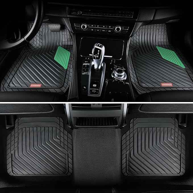 Coverado Car Floor Mats Full Set – Heavy-Duty PVC Floor Mats with Green Metallic Heel Pad, All-Weather Protection for Front & Rear, Non-Slip Backing, Easy-Clean Interior Liners