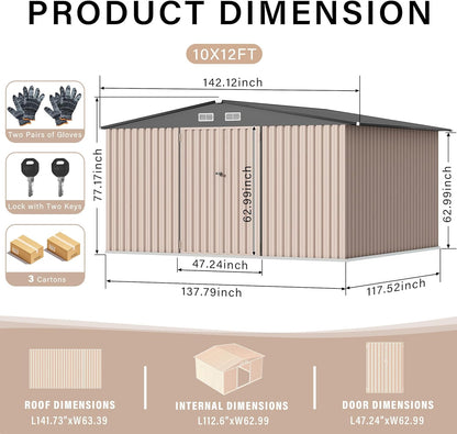 10X12FT Outdoor Metal Storage Shed, Lockable Weatherproof Garden Shed for Tools & Equipment, Durable Galvanized Steel with Sloping Roof & Ventilation, Ideal for Backyard, Patio & Garage Storage, Brown