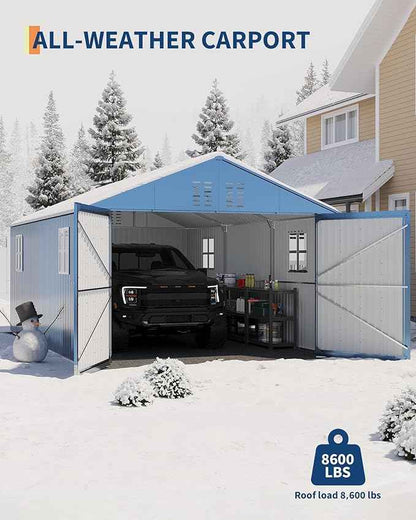 GarveeLife 12x20 ft Metal Carport, Enclosed Car Port with Reinforced Frame and Steel Roof for All-Weather Use, Metal Garage Shed for Full-Sized Pickup Trucks