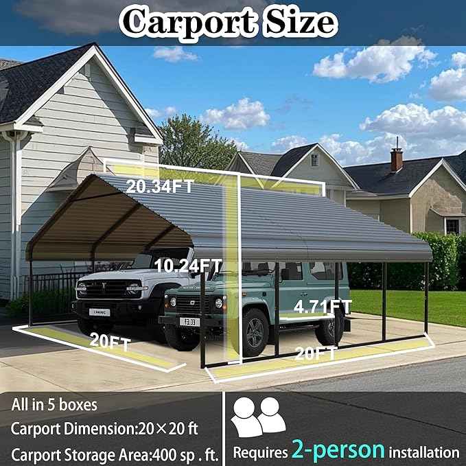 20x20 FT Carport Heavy Duty -Metal Carports for 2 Car All Weather,Garage Kit with Reinforced Frame, Steel Car Canopy Shelter for Outdoor Vehicle Protection