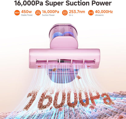 uwant Bed Cleaner with 16Kpa Suction Metal Roller 253.7nm Uv-c Light Mattress Vacuum Cleaner 36000RPM/Min 149℉ Heating HEPA Filter&Ultrasonic Mattress Vacuum for Sofa, Pillow, Bed Throws, Pink
