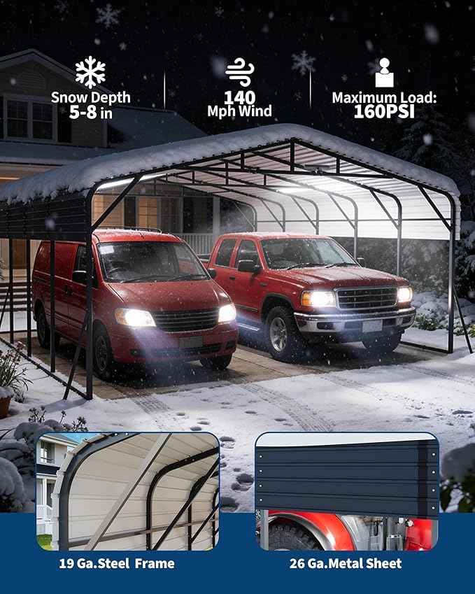 20x25FT Metal Carport Heavy-Duty Build with LED Light & Galvanized Steel Roof, Reinforced Stable Structure.,Spacious Versatile Shelter for Cars, Boats, and Events