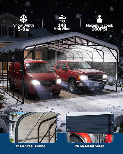 20x25FT Heavy Duty Metal Carport,Outdoor Portable Car Garage w/Led Light,Removable PE SideReinforced Base & Galvanized Steel Roof, Outdoor Car Port Canopy Shelter for Boats, Full-Sized Pickup Trucks