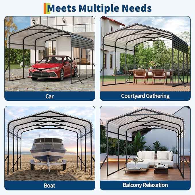 10x15 ft Metal Carport with Reinforced Base and Galvanized Steel Roof, Heavy Duty Garage Car Shelter Shade, Outdoor Car Port Canopy