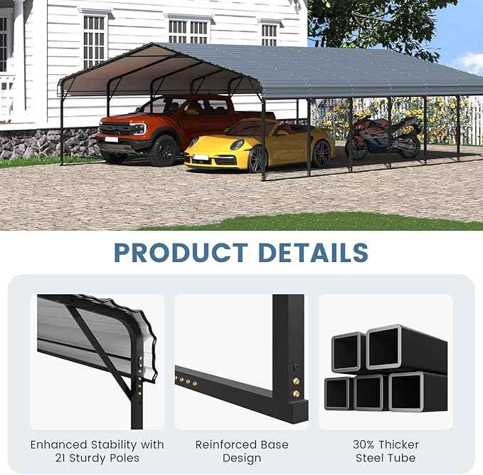 EROMMY 20x30 FT Heavy Duty Metal Carport, Carports with Galvanized Steel Roof and Frame, Sturdy Car Shed in All Weathers, Easy Assembly Car-Shelter for 2 Cars, SUV, Tractors and Boat, Gray