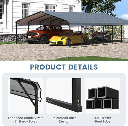EROMMY 20x30 FT Heavy Duty Metal Carport, Carports with Galvanized Steel Roof and Frame, Sturdy Car Shed in All Weathers, Easy Assembly Car-Shelter for 2 Cars, SUV, Tractors and Boat, Gray
