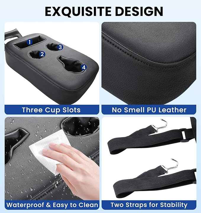Upgraded Car Cup Holder with Dual Secure Straps, Back Seat Cup Holder for Car, PU Leather Truck Cup Holder, Boat Tray Organizer for Trucks, Minivans, SUVs, RVs, Holds Coffee, Snacks, Cell Phone