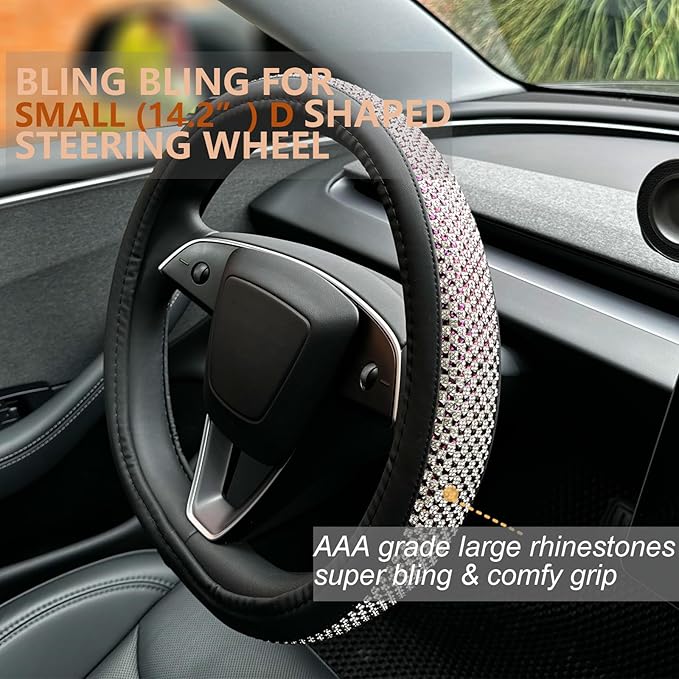 PINCTROT Bling Comfy Steering Wheel Cover for Tesla Model Y/3 Highland/Juniper, D Shaped 14 Inch Small Sized with Jumbo Crystal Rhinestones, Flat Bottom with Anti-Slip Diamond Leather (Purple)