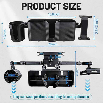 Car Headrest Backseat Storage Box with 2 Cup Holders, Back Seat Car Organizer 5"-13" Tablet Phone Holder with Hook, Adjustable 3-in-1 Multifunctional Car Essential Food Tray for Travel Accessories