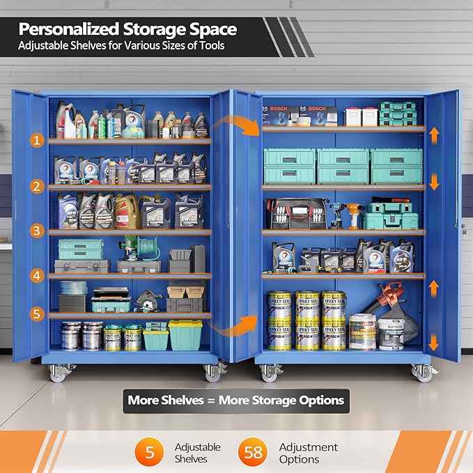 VINGLI Large Metal Storage Cabinet with 2 Doors and 5 Adjustable Shelves, Upgraded Height & Wide & Deep, 43''W x 20''D x 72''H, Oversized Garage Storage Cabinet with Wheels and Locks (Blue)