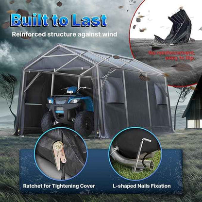 ADVANCE OUTDOOR 10X15 ft Garage Shelter Steel Metal Peak Roof Portable Storage Shed Carport for Motorcycle Boat, or Garden Tools with 2 Roll up Doors & Vents, Gray