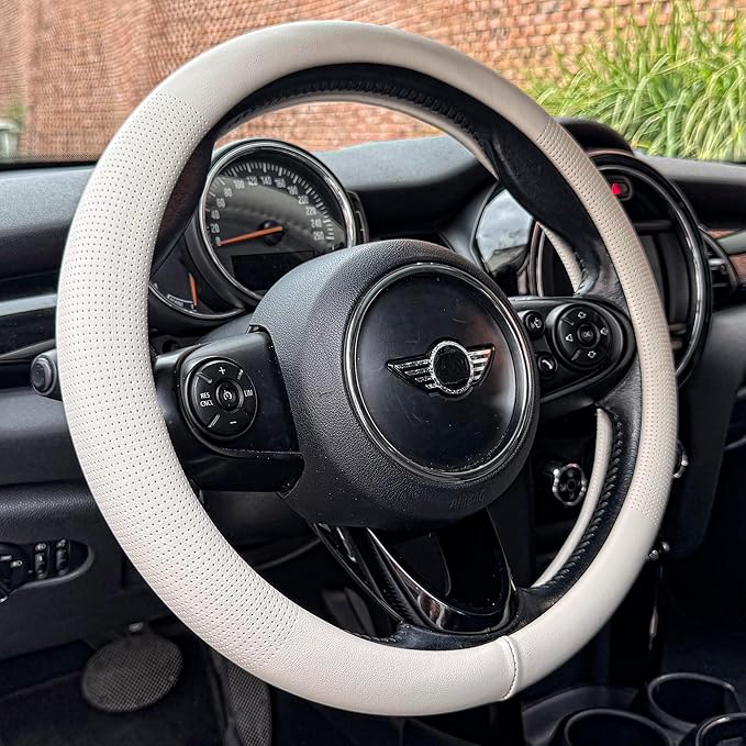 PINCTROT Large Size Nappa Leather Steering Wheel Cover, Slim Fit No Bulk Design, One Piece Leather with Breathable Perforation, Fit Like Gloves, 15.5-15.75 Inch(Nappa White)