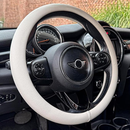 PINCTROT Nappa Leather Steering Wheel Cover, Slim Fit No Bulk Design, One Piece Leather with Breathable Perforation, Fit Like Gloves, Universal 14.5-15 Inch(Nappa White)