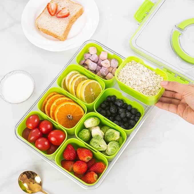 Divided Snack Serving Tray with Lid and Handle Travel Snackle Charcuterie Container Portable Storage Organizer for Candy, Fruits, Nuts, Snacks, Party, Picnic (1pack, Green)