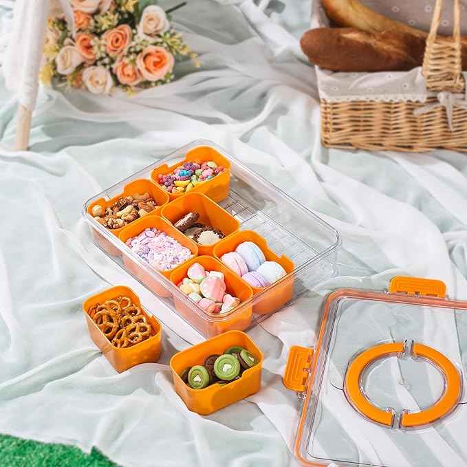 Divided Snack Serving Tray with Lid and Handle Travel Snackle Charcuterie Container Portable Storage Organizer for Candy, Fruits, Nuts, Snacks, Party, Picnic (1pack, Orange)