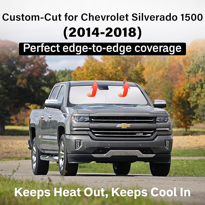 EcoNour Windshield Sun Shade Compatible for Chevrolet Silverado 1500 2014–2018 | Full-Size Pickup Front Window Sunshade | Foldable Sun Visor Protector | UV & Heat Blocking