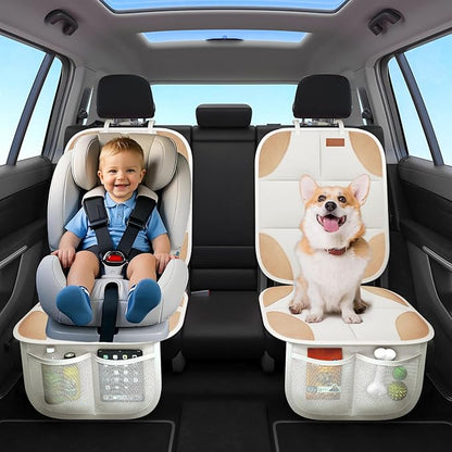 SMART ELF Car Seat Protector, 2Pack Seat Protector Protect Child Seats with Thickest Padding and Non-Slip Backing Mesh Pockets for Baby and Pet,Sedan SUV Truck (Beige Brown)