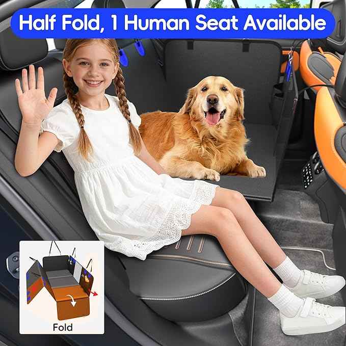 2-In-1 Heavy-Duty Hard Bottom Dog Hammock for Car, 100% Waterproof PU Leather Backseat Cover, Zipper Side Flaps, Non-Slip Extender for Large/Elderly Dogs & Multi-Dog Families,Fits Sedan/SUV/Med.Truck