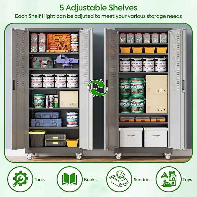 Aobabo Upgraded Garage Storage Cabinets with Wheels,Metal Storage Cabinets with 5 Adjustable Shelves for Garage Home Office Storage, Black&Dark Grey,71''H*32''W*16''D,Assembly Required