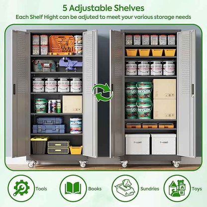 Aobabo Upgraded Garage Storage Cabinets with Wheels,Metal Storage Cabinets with 5 Adjustable Shelves for Garage Home Office Storage, Black&Dark Grey,71''H*32''W*16''D,Assembly Required