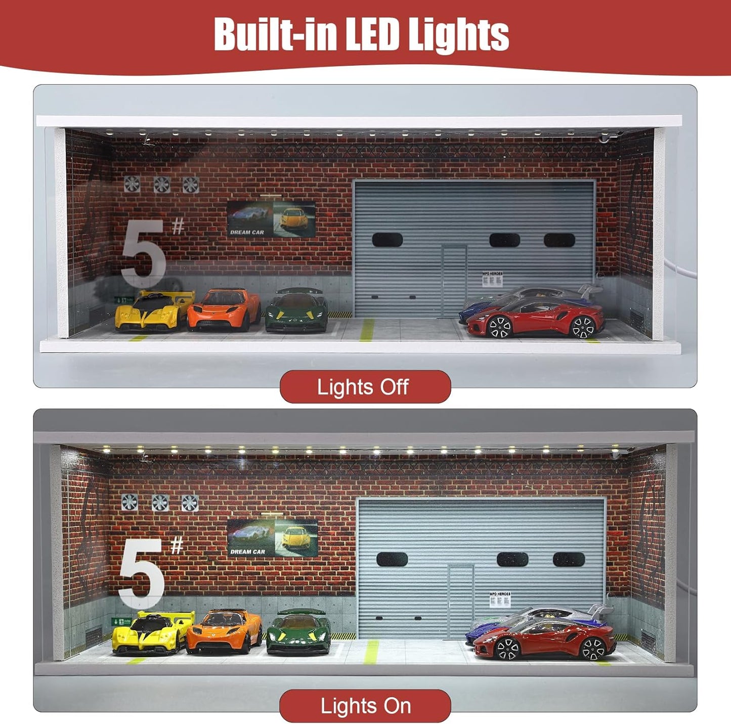 Display Case for Hot Wheels: Stackable Parking Garage for 1/64 Scale Matchbox Toy Car, FoamBoard Storage for Monster Trucks with LED Light and Acrylic Cover, Red Factory