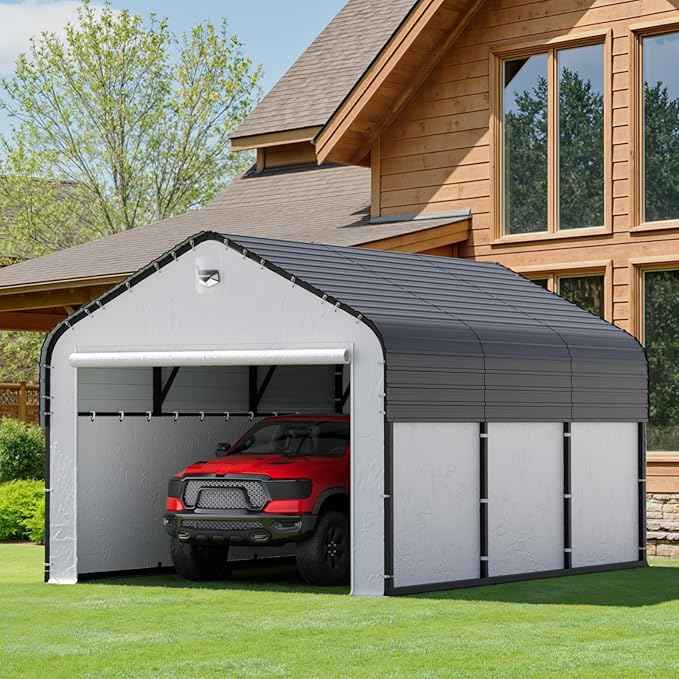 10x16 Metal Carport, Heavy Duty 2-Car Carport Canopy, CarPorts with Removable Polyethylene Sidewalls, Galvanized Steel Roof Car Tent Garage
