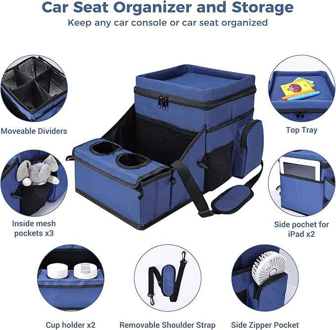 COOLBEBE Car Seat Organizer, Backseat Car Organizer with Cup Holders for Kids and Adults Travel, Cooler Compartment Passenger Seat Organizer Storage Box for Front or Middle Seat, Navy Blue