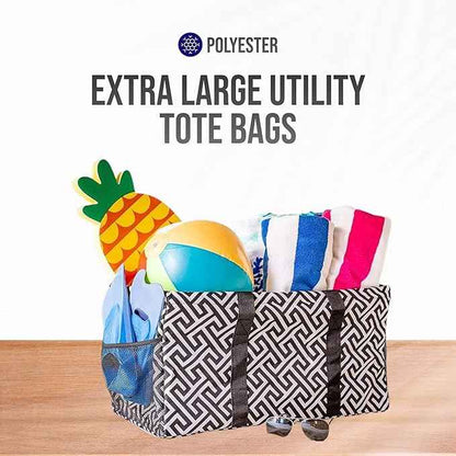Extra Large Utility Tote Bag - Oversized Collapsible Reusable Wire Frame Rectangular Canvas Basket With Two Exterior Pockets For Beach, Pool, Laundry, Car Trunk, Storage - Geo Navy Blue