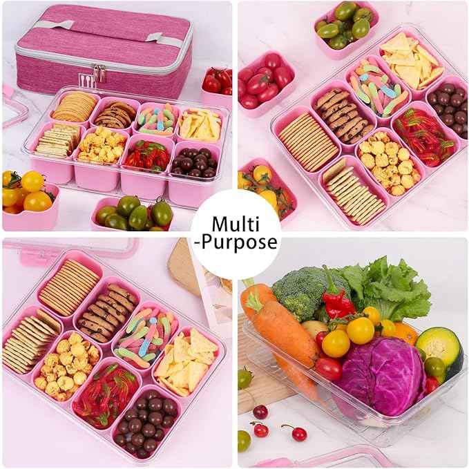 Snack Box Container with Insulated Cooler Bag, Divided Serving Tray with Lid and Handle Beach Essentials, Snackle Box Veggie Fruit Tray with 8 Compartments & 8 Forks & 2 Spoon Pink
