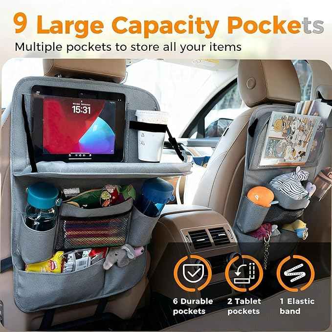 Backseat Car Organizer with Tray, 9 Storage Pockets Back Seat Protector with Foldable Tablet Holder, Waterproof Back of Seat Kick Mats for Kids Adult, Travel Accessories 2 Pack, Gray