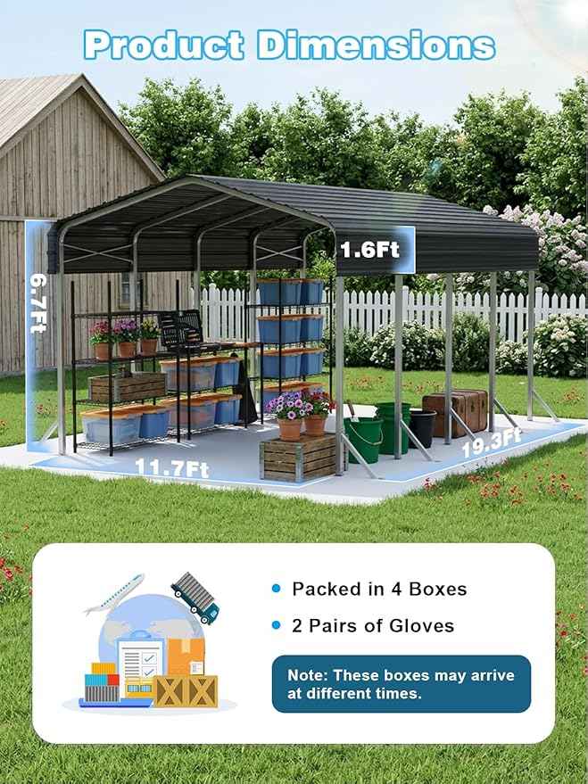 12x20Ft Heavy Duty Metal Carport – Outdoor Galvanized Garage, Sturdy Structure, All-Weather Protection, Easy Assembly for Cars, Trucks, Boats, Tractors, and Outdoor Storage (Grey, 12x20FT)