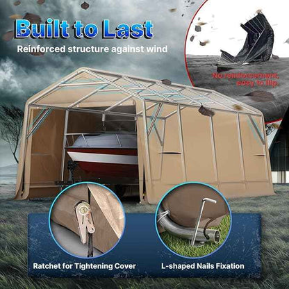 ADVANCE OUTDOOR Heavy Duty 10X20 ft Carport Outdoor Patio Portable Canopy Storage Shelter Shed with 2 Rolled up Zipper Doors & Vents for Snowmobile Garden Tools, Beige